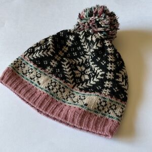 FRENCH KNOT WOOL KNIT BEANIE WITH POM FLEECE LINED PINK BLACK NWOT